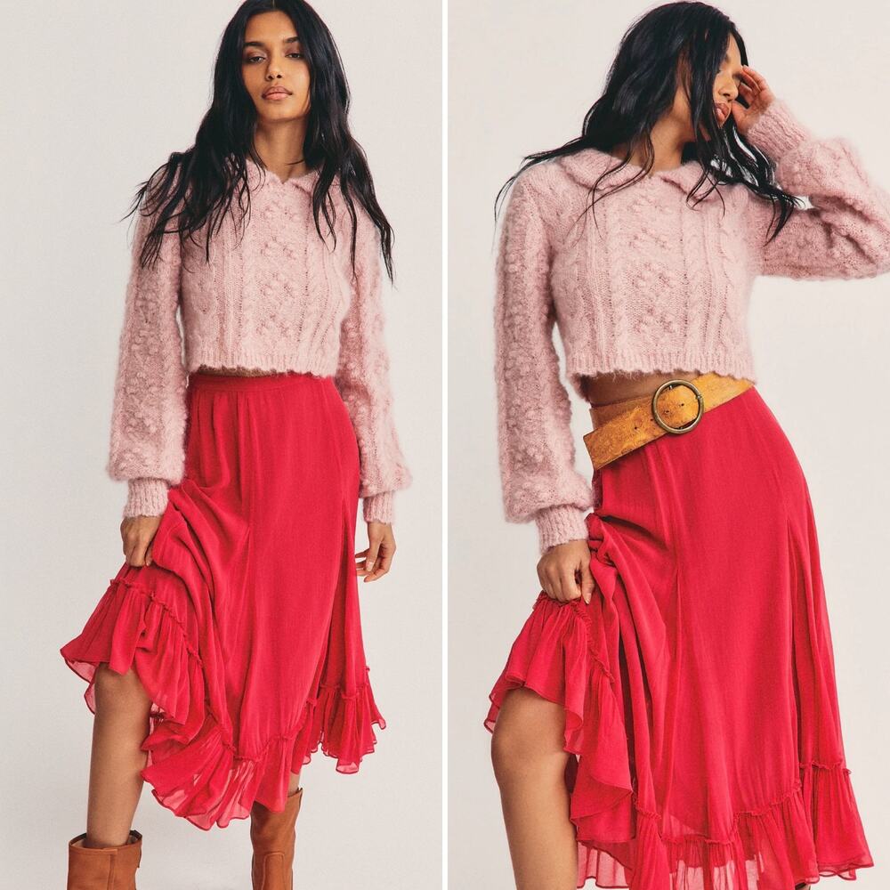 NWT Loveshackfancy Lil Silk Midi Skirt BORDEAUX Size 0 Flounce Hem Flowy Chiffon